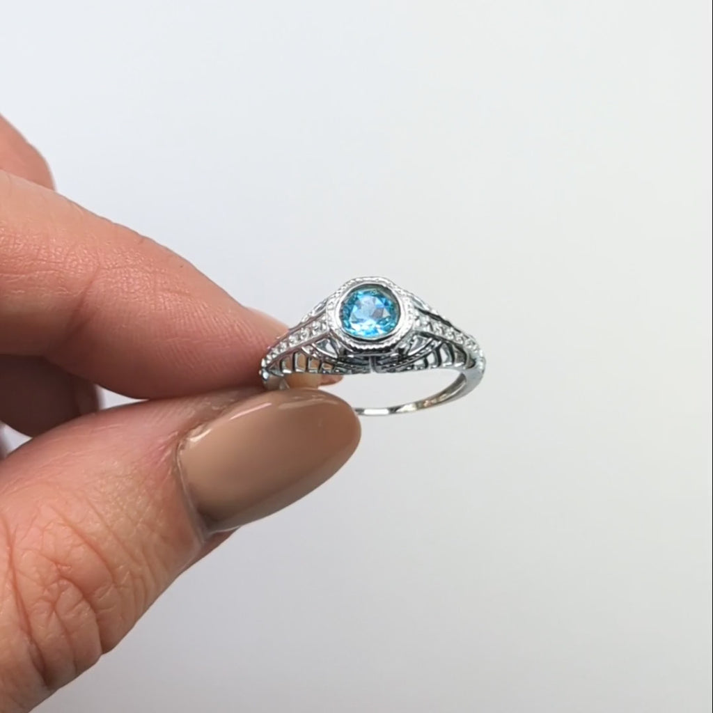 SWISS BLUE TOPAZ STERLING SILVER RING VINTAGE STYLE FILIGREE SOLITAIRE GEMSTONE