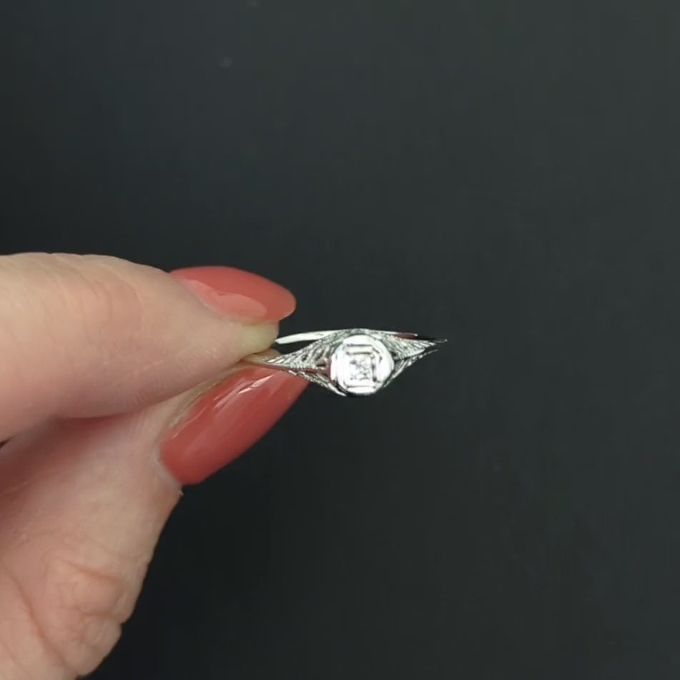 ART DECO DIAMOND SOLITAIRE RING 18K WHITE GOLD FILIGREE VINTAGE PROMISE RING