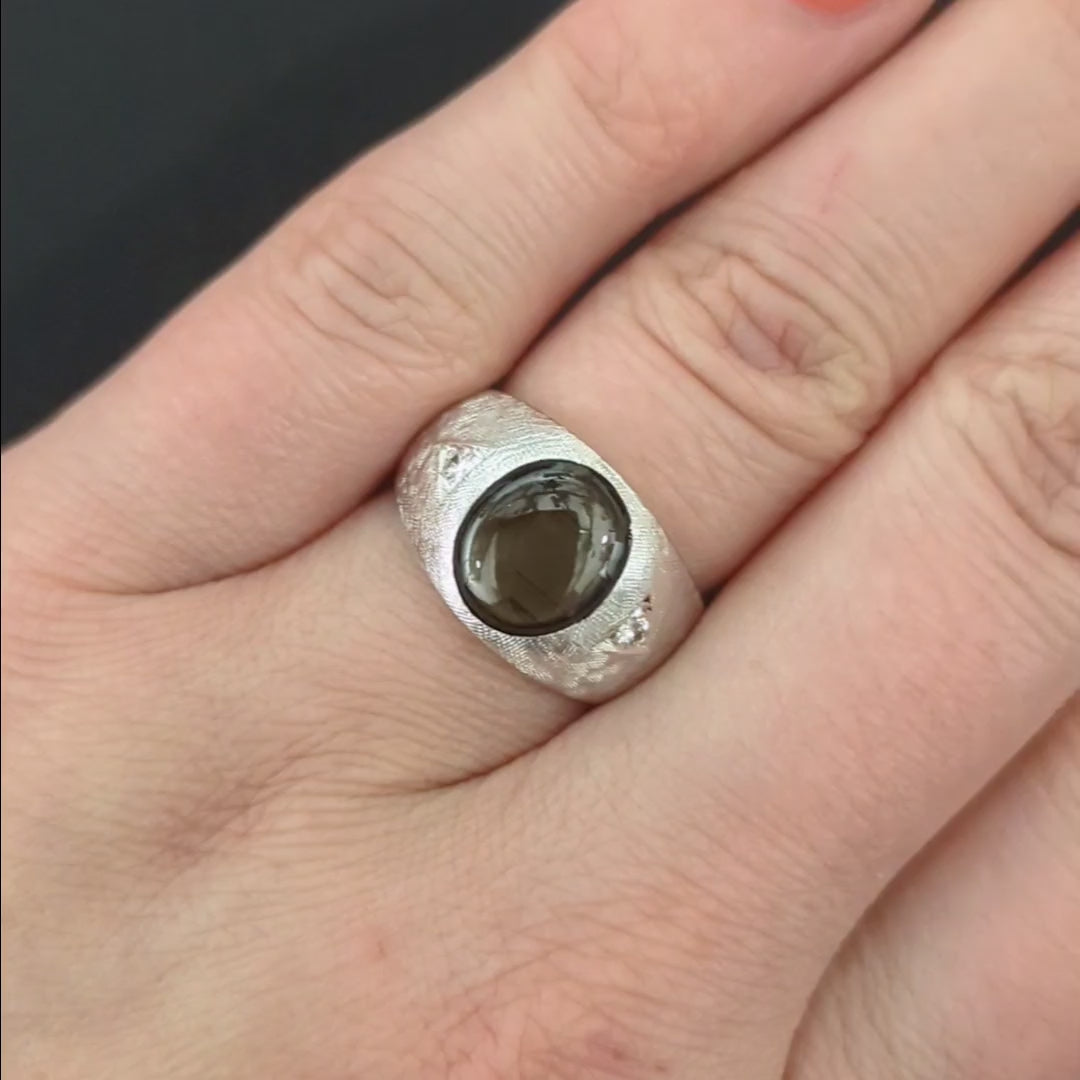 BLACK STAR SAPPHIRE DIAMOND RING WIDE 14k WHITE GOLD FLORENTINE FINISH 10gm MENS