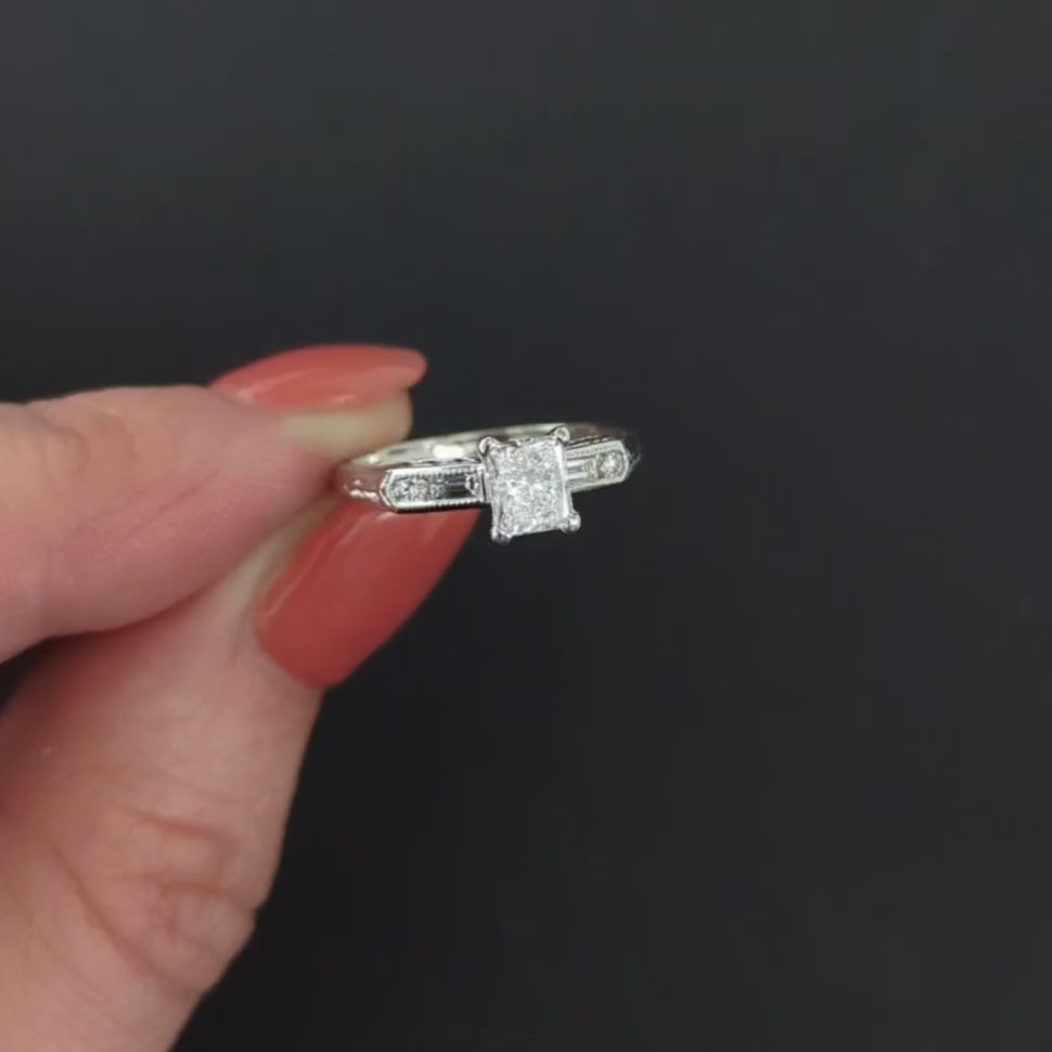 RADIANT CUT DIAMOND ENGAGEMENT RING D-E VS2 PLATINUM NATURAL .82ct VINTAGE STYLE