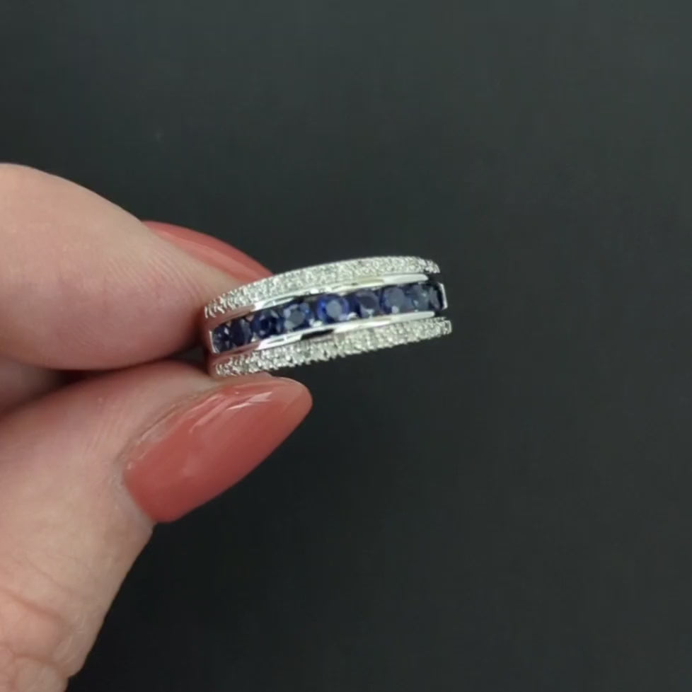 DIAMOND SAPPHIRE WEDDING BAND STACKING RING 14k WHITE GOLD NATURAL BLUE CHANNEL