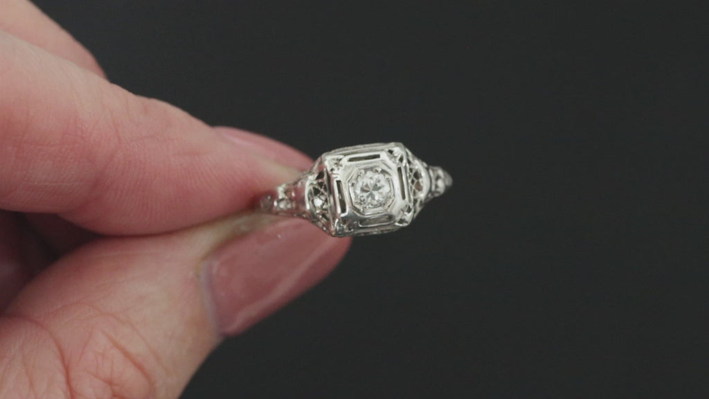 ART DECO DIAMOND SOLITAIRE RING OLD EUROPEAN CUT 18K WHITE GOLD FILIGREE VINTAGE