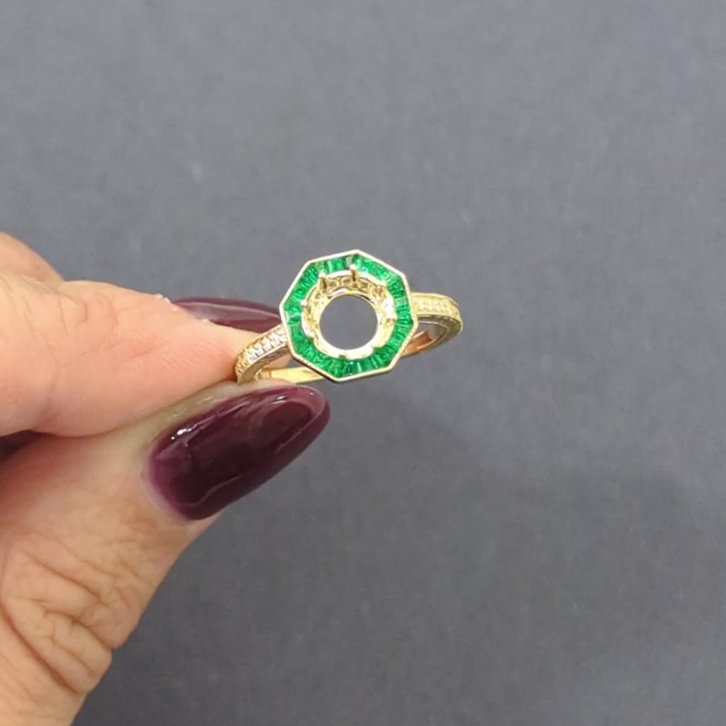 VINTAGE STYLE EMERALD DIAMOND RING SETTING 14k GOLD SEMI MOUNT TARGET ART DECO