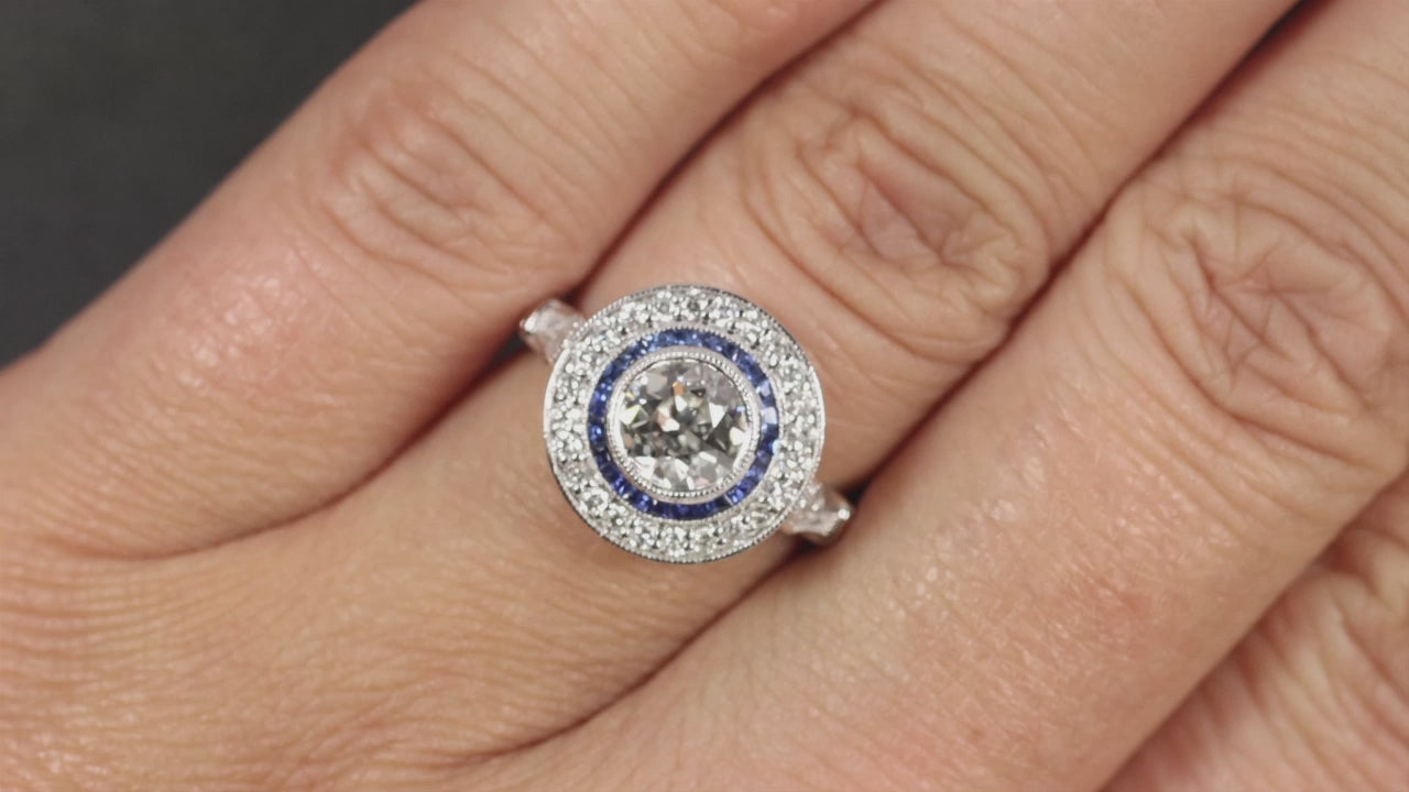 1 CARAT OLD EUROPEAN CUT DIAMOND SAPPHIRE RING VINTAGE STYLE HALO 14k WHITE GOLD