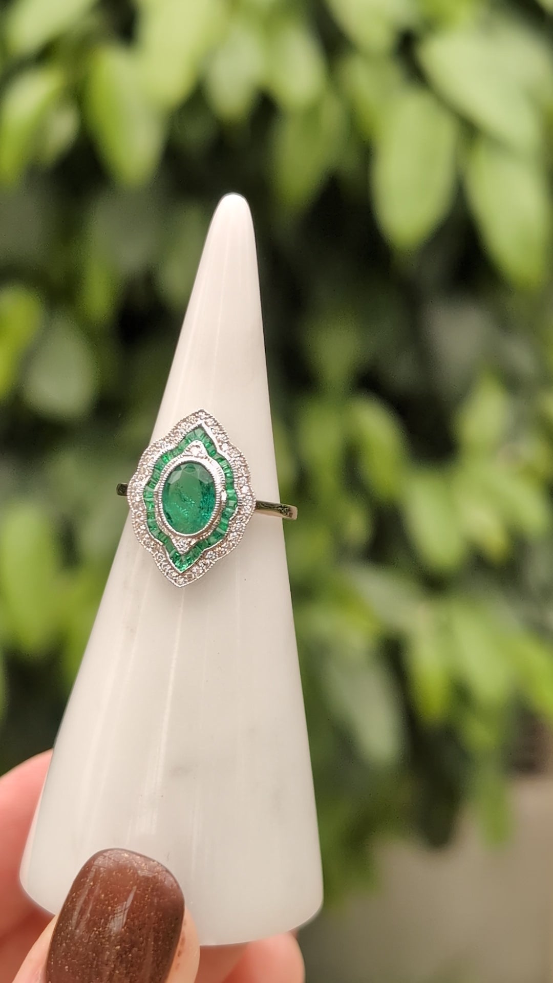 EMERALD DIAMOND COCKTAIL RING VINTAGE STYLE NAVETTE DOUBLE HALO 14k WHITE GOLD