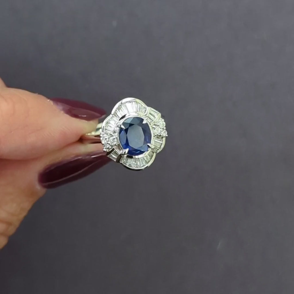 1.90ct SAPPHIRE DIAMOND COCKTAIL RING PLATINUM OVAL SHAPE BAGUETTE HALO NATURAL