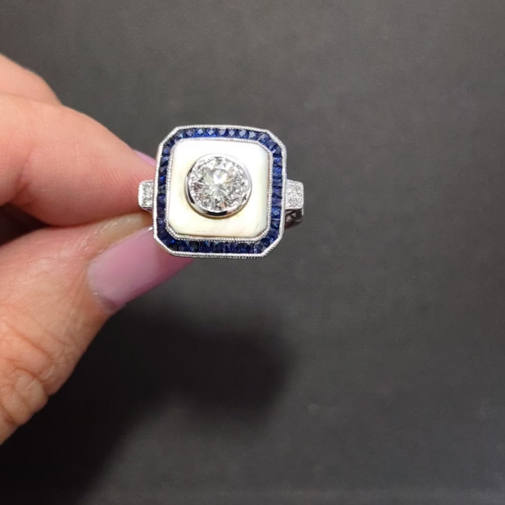 1ct DIAMOND SAPPHIRE COCKTAIL RING MOTHER OF PEARL VINTAGE STYLE 18k WHITE GOLD