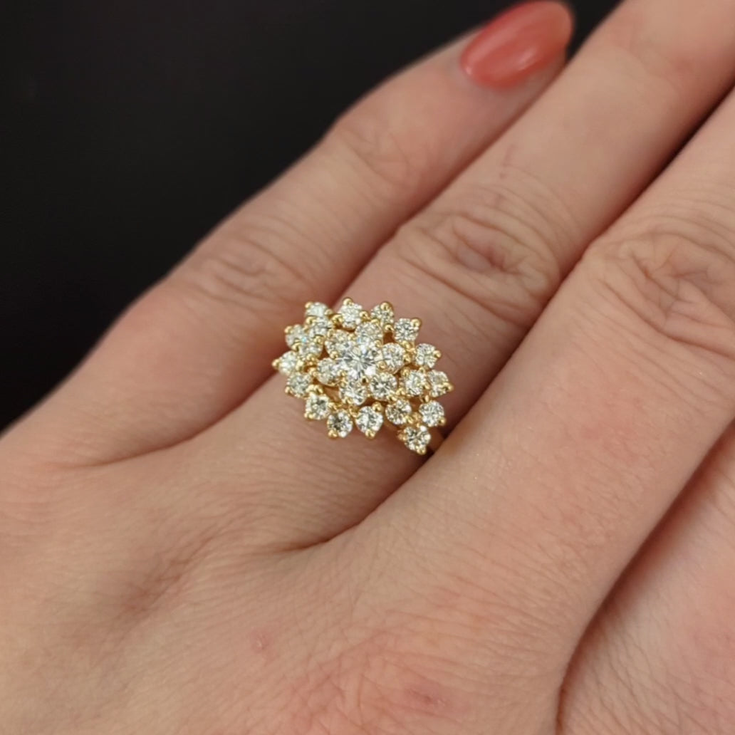 1.35ct VINTAGE DIAMOND COCKTAIL RING F-G VS CLUSTER STATEMENT 14k YELLOW GOLD