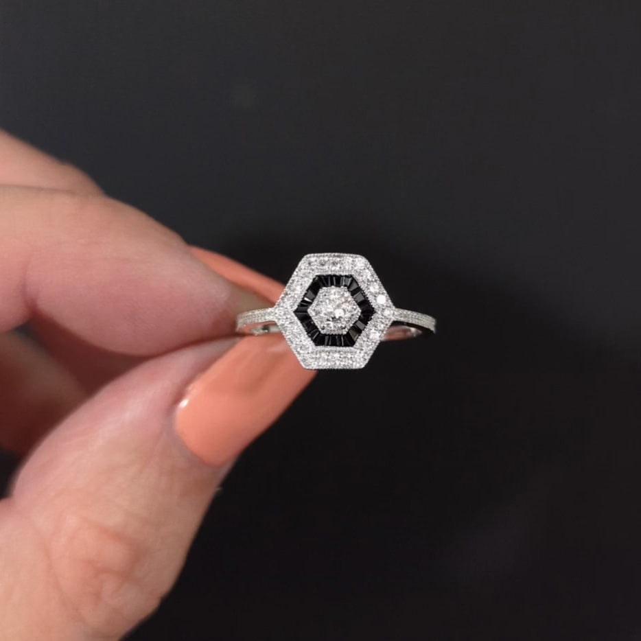 DIAMOND BLACK ONYX RING OLD EUROPEAN CUT ART DECO VINTAGE STYLE HALO WHITE GOLD