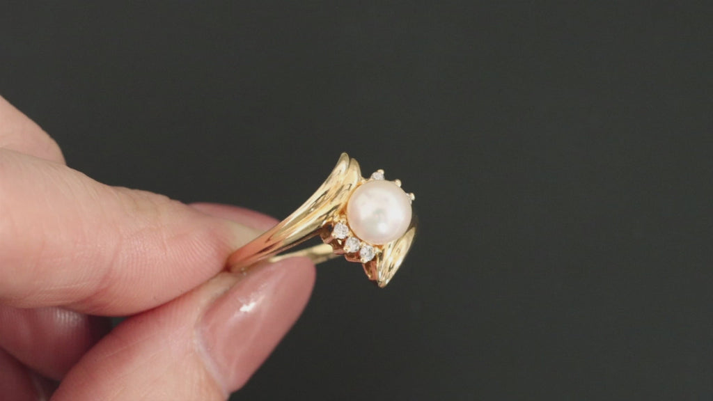 PEARL DIAMOND COCKTAIL RING 14k YELLOW GOLD ESTATE NATURAL BYPASS ANNIVERSARY