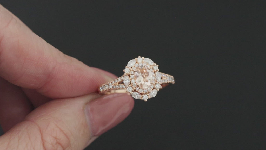 NEIL LANE MORGANITE DIAMOND ENGAGEMENT RING HALO SPLIT SHANK 14k ROSE GOLD OVAL