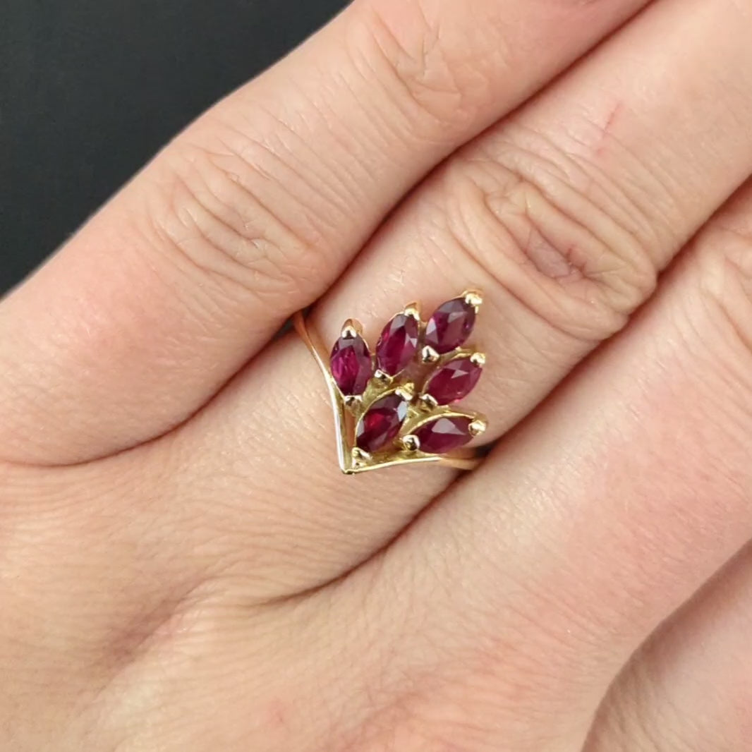 RUBY COCKTAIL RING 14k YELLOW GOLD CLUSTER NATURAL RED ESTATE MARQUISE SHAPE