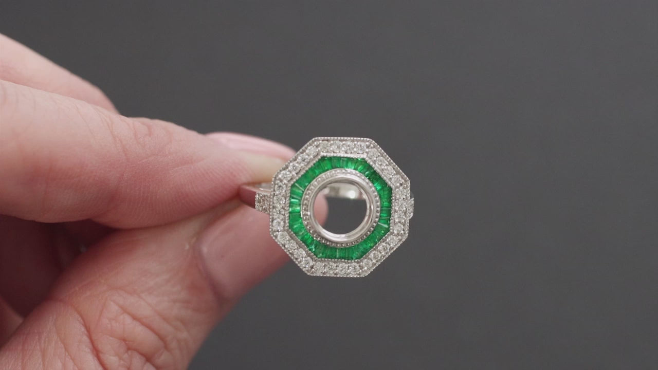 EMERALD DIAMOND RING SETTING 6.5mm ROUND VINTAGE STYLE HALO ART DECO SEMI MOUNT