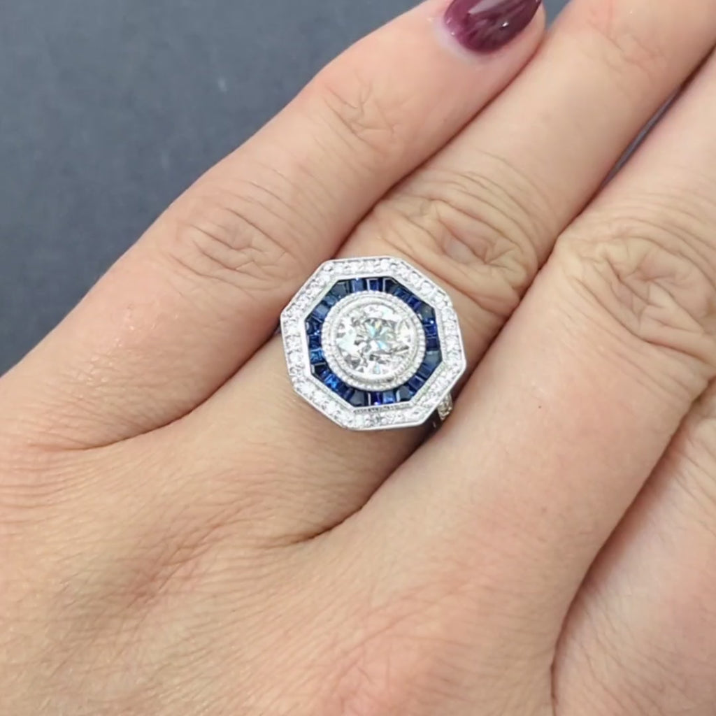 1.5 CARAT DIAMOND SAPPHIRE COCKTAIL RING VINTAGE STYLE TARGET CALIBRE ROUND CUT