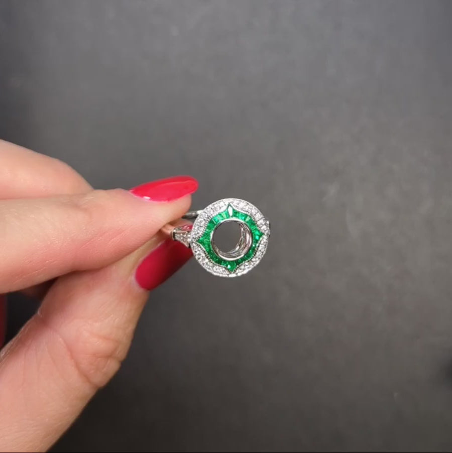 EMERALD DIAMOND 6.5mm ROUND ENGAGEMENT RING SETTING VINTAGE STYLE HALO TARGET