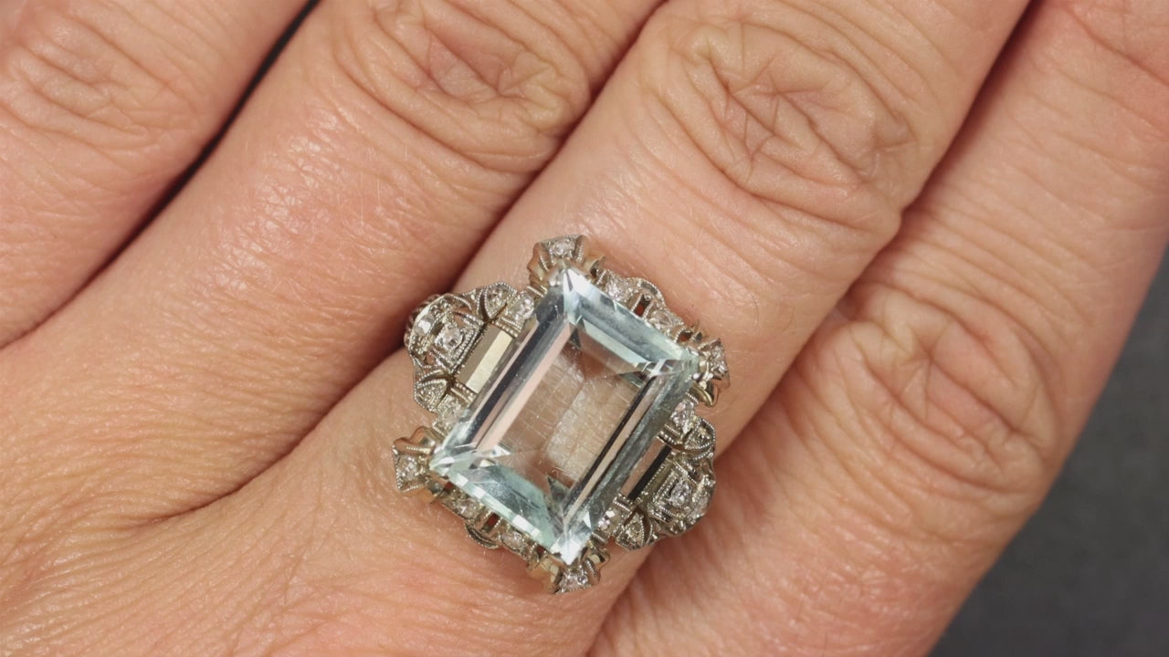 VINTAGE AQUAMARINE DIAMOND COCKTAIL RING EMERALD CUT MID CENTURY 18k WHITE GOLD