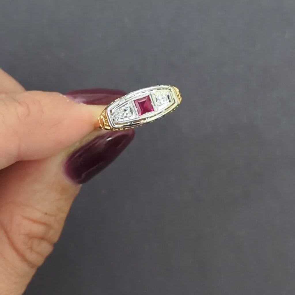 VINTAGE RUBY DIAMOND COCKTAIL RING FILIGREE TWO TONE WHITE YELLOW GOLD ESTATE