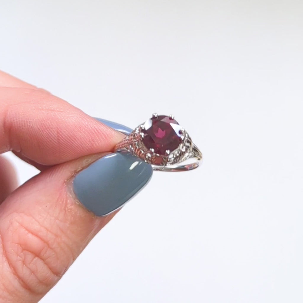 RHODOLITE GARNET STERLING SILVER RING VINTAGE STYLE SOLITAIRE FILIGREE ART DECO