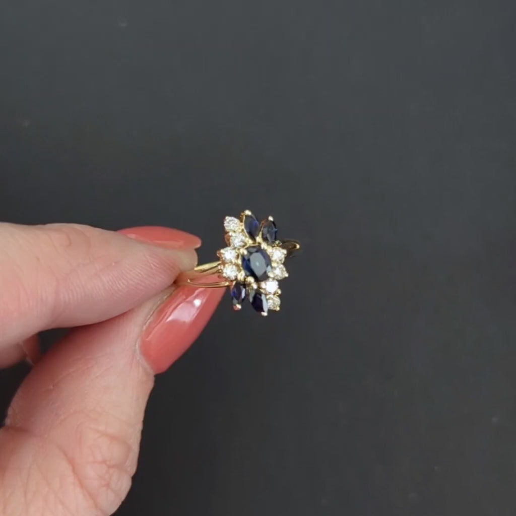 SAPPHIRE DIAMOND COCKTAIL RING 14k YELLOW GOLD CLUSTER NATURAL OVAL SHAPE ESTATE
