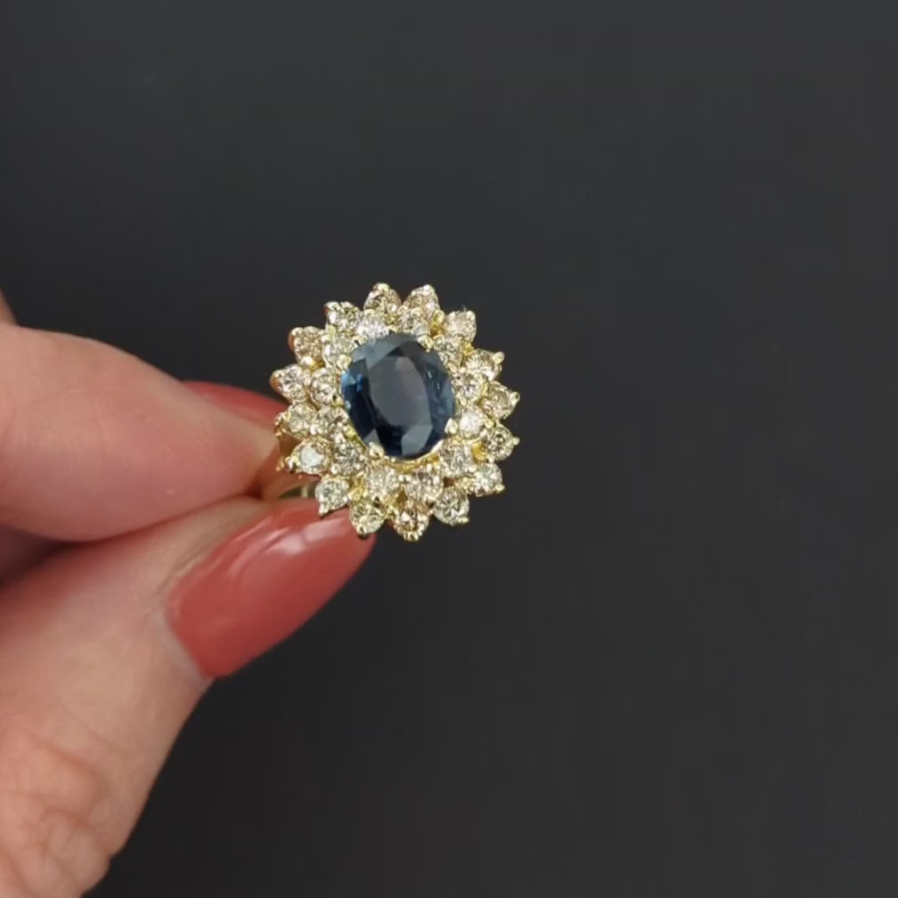 3ct SAPPHIRE DIAMOND COCKTAIL RING DOUBLE HALO 14k WHITE GOLD BIG NATURAL ESTATE