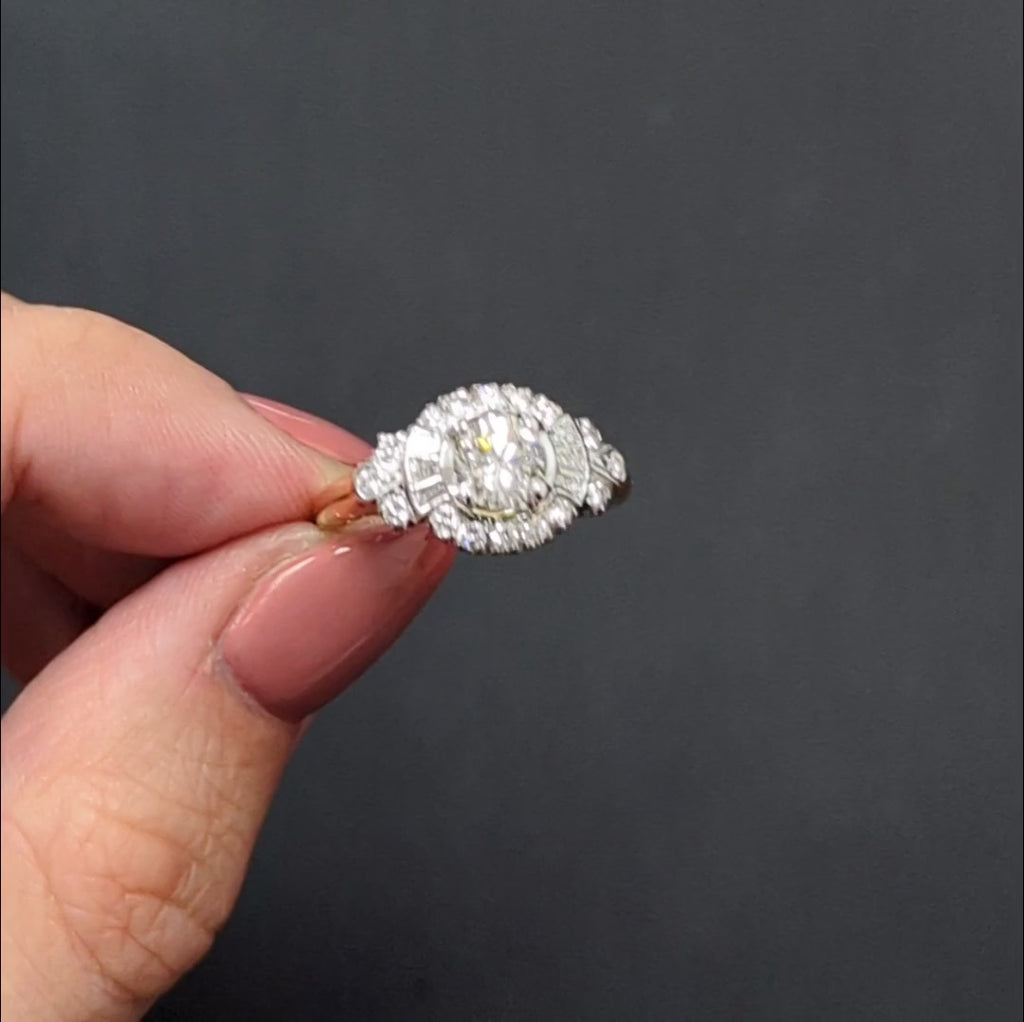 DIAMOND HALO ENGAGEMENT RING 1.39c ROUND CUT G SI1 TWO TONE GOLD ESTATE COCKTAIL