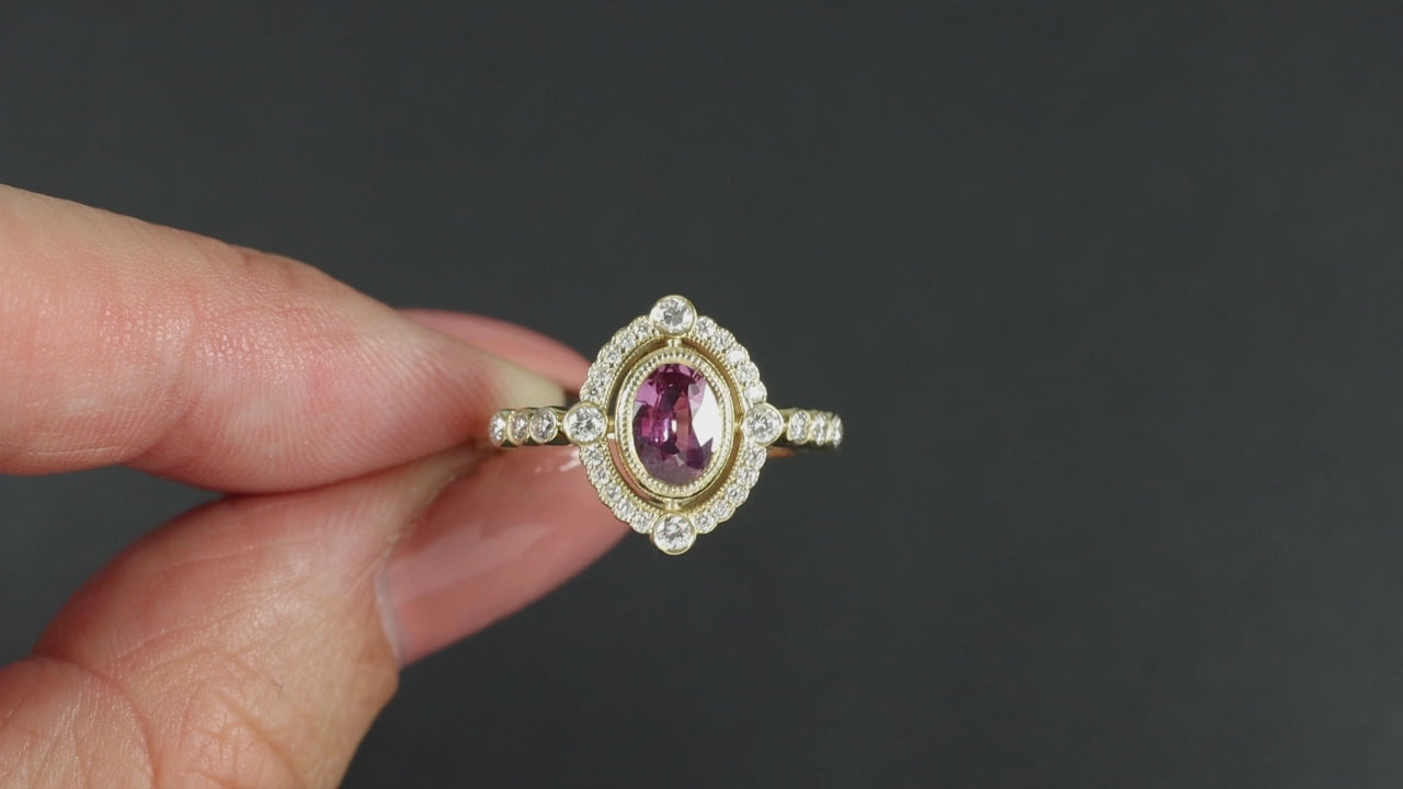 0.79ct NO HEAT PINK SAPPHIRE DIAMOND COCKTAIL RING VINTAGE STYLE HALO 14k GOLD