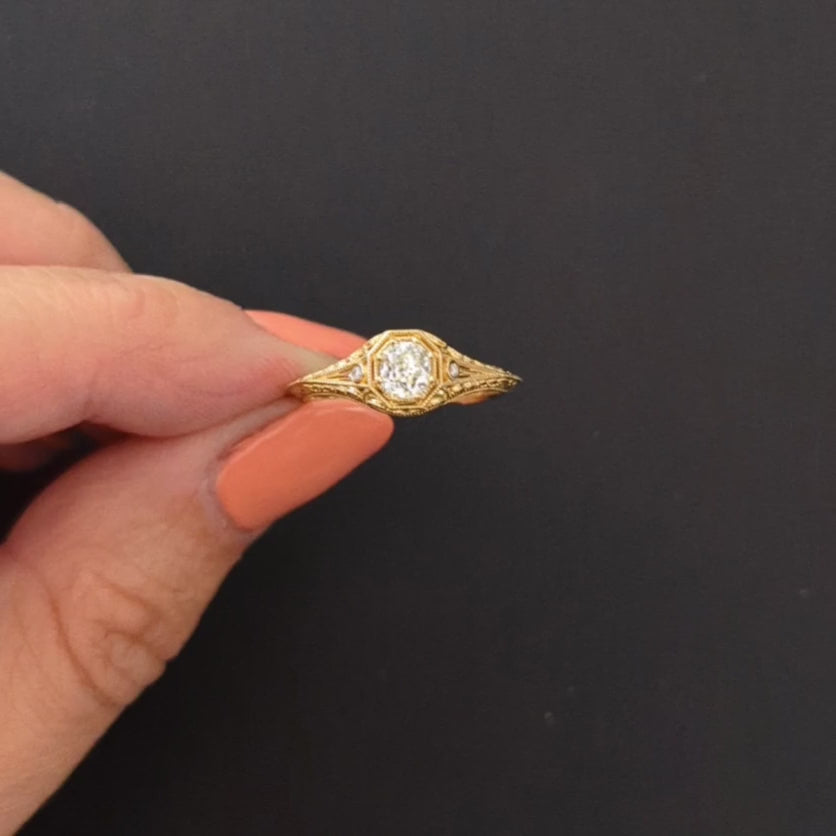 OLD MINE CUT DIAMOND ENGAGEMENT RING VINTAGE STYLE FILIGREE YELLOW GOLD 0.42ct