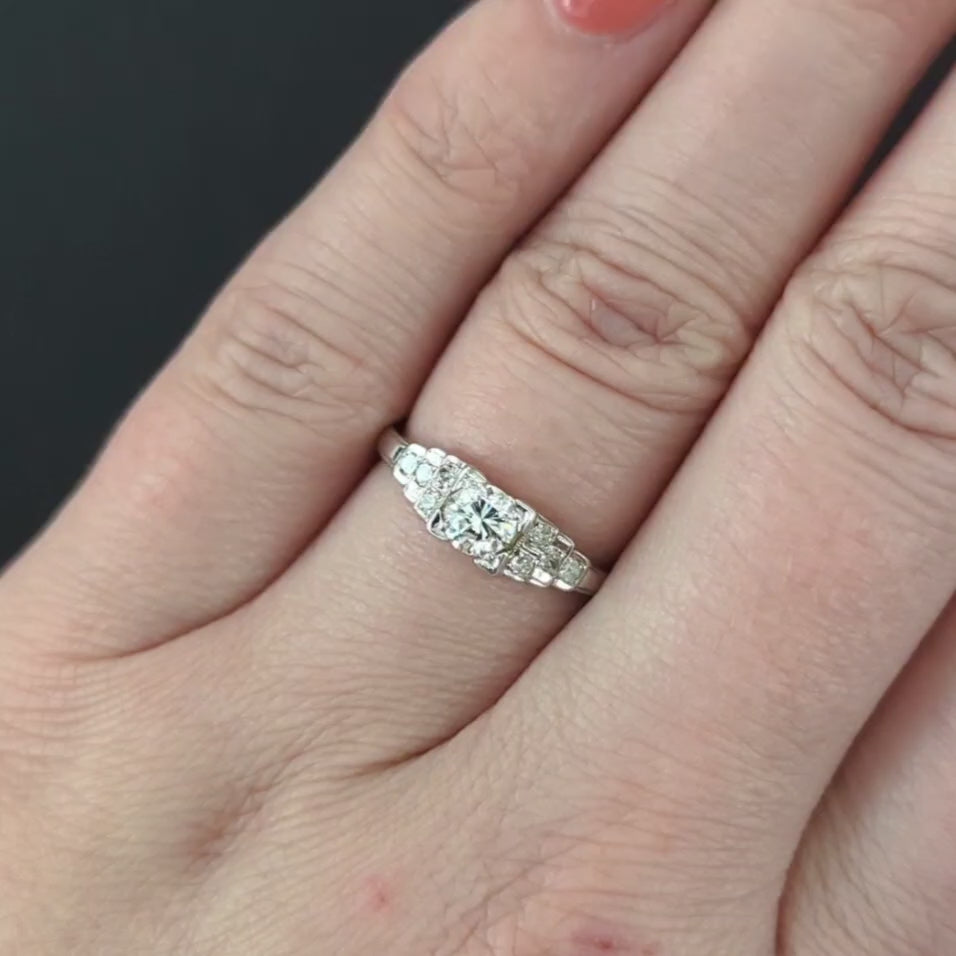 VINTAGE DIAMOND ENGAGEMENT RING 18k WHITE GOLD OLD CUT CLASSIC RETRO ESTATE