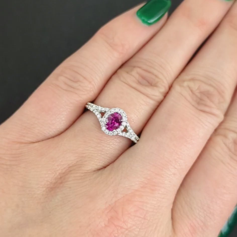 PINK SAPPHIRE DIAMOND COCKTAIL RING OVAL SHAPE HALO SPLIT SHANK 14k WHITE GOLD