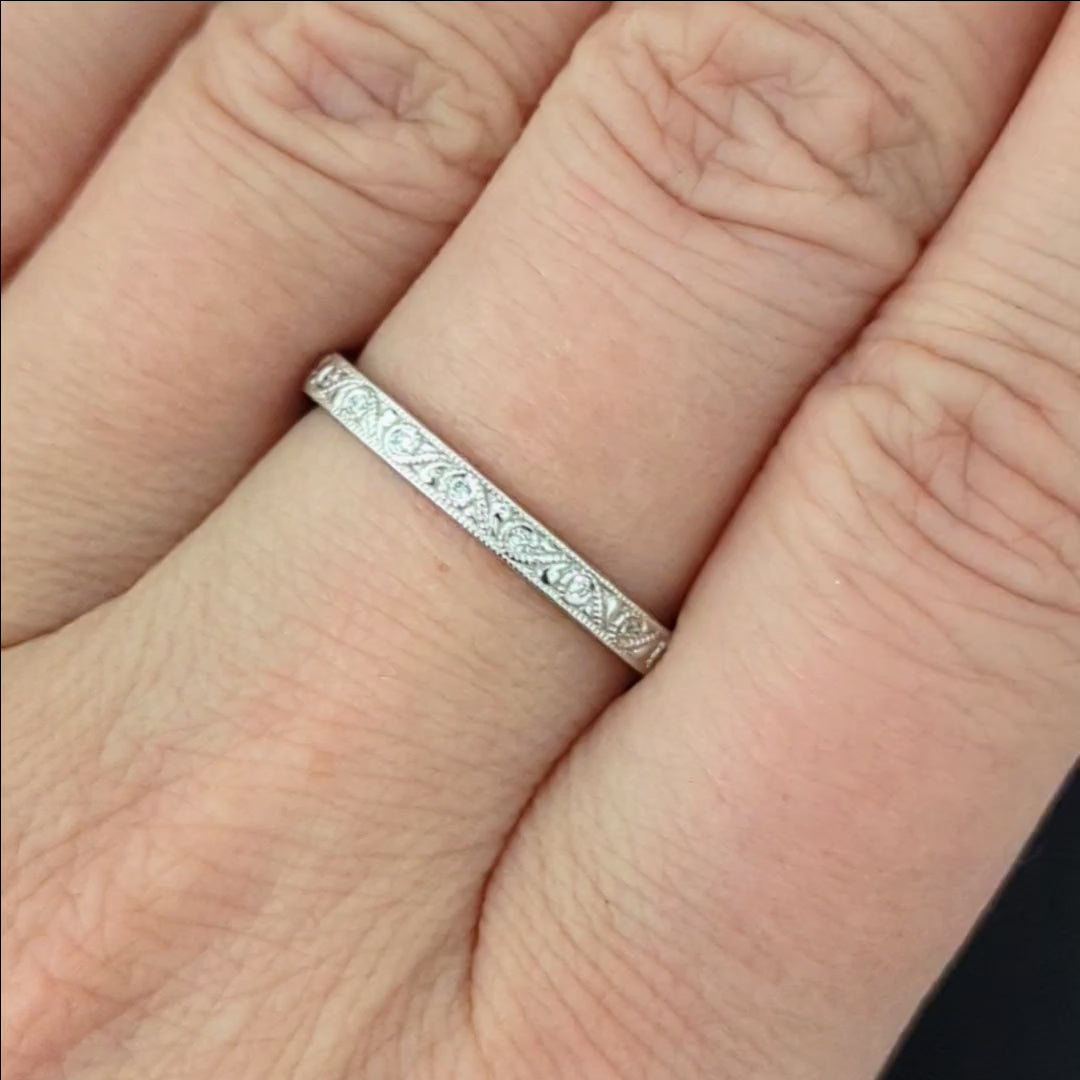 DIAMOND VINTAGE STYLE WEDDING BAND FLORAL RING 14K WHITE GOLD ETERNITY ART DECO