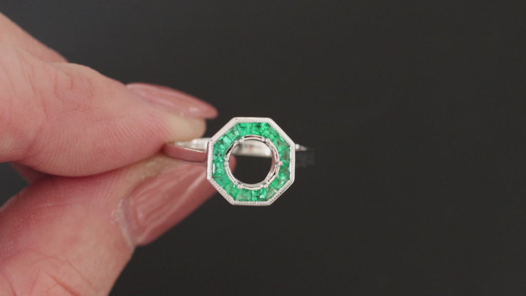 VINTAGE STYLE EMERALD HALO ENGAGEMENT RING SETTING 6mm ROUND MOUNT WHITE GOLD