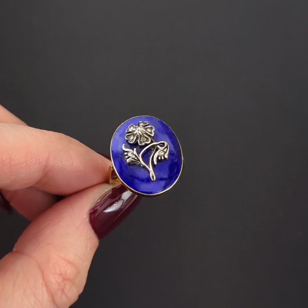 ANTIQUE DIAMOND ENAMEL FLOWER RING VICTORIAN 14k YELLOW GOLD BLUE ROSE CUT OVAL
