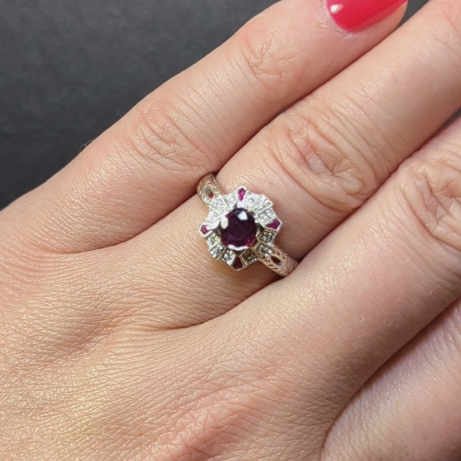 VINTAGE RUBY DIAMOND COCKTAIL RING PLATINUM HAND ENGRAVED HALO NATURAL ROUND RED