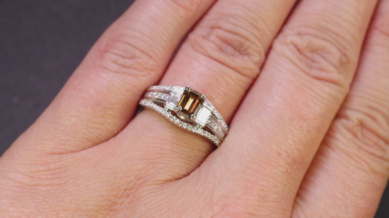 1.46ctw FANCY ORANGY BROWN DIAMOND ENGAGEMENT RING EMERALD CUT STACK WHITE GOLD