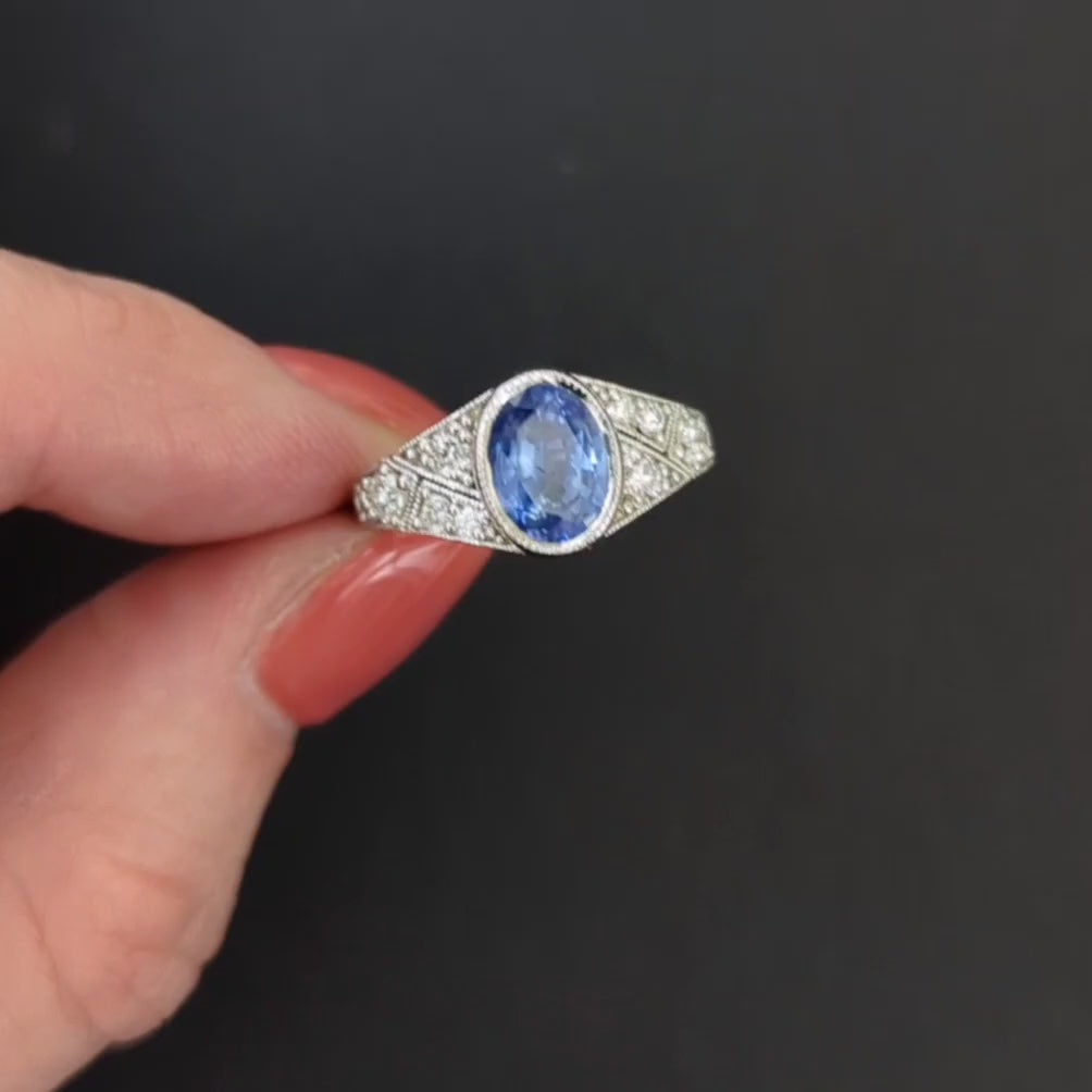 SAPPHIRE DIAMOND COCKTAIL RING VINTAGE STYLE OVAL SHAPE 14k WHITE GOLD NATURAL