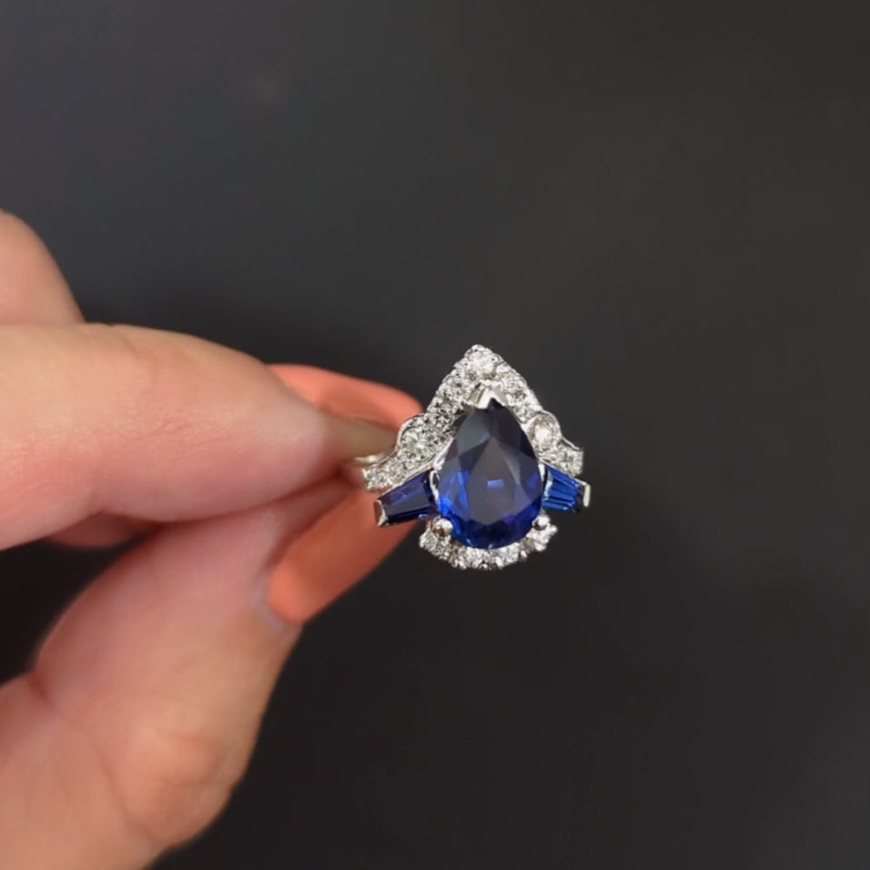 DIAMOND SYNTHETIC SAPPHIRE 14k WHITE GOLD COCKTAIL RING PEAR SHAPE ESTATE BLUE