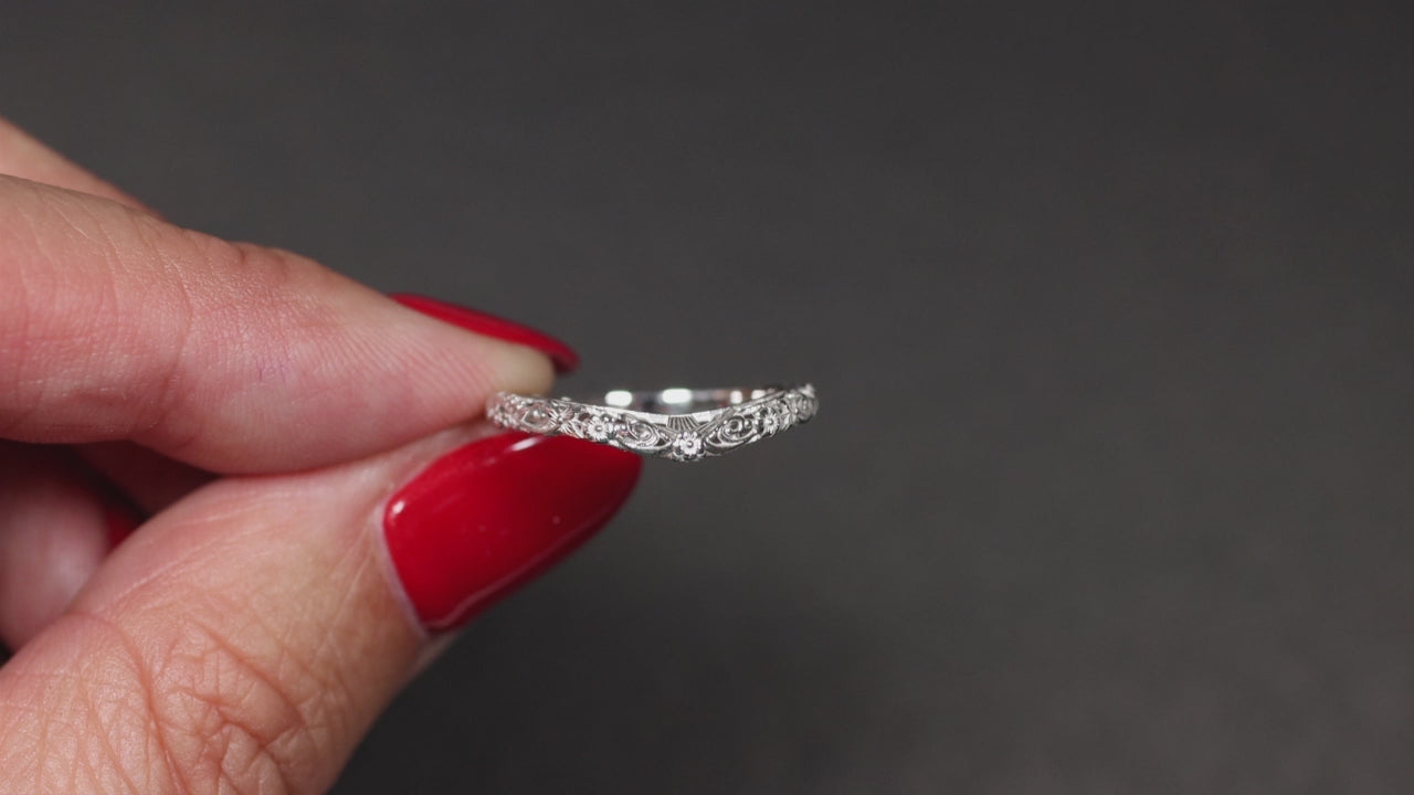 VINTAGE STYLE FLORAL WEDDING BAND 10k WHITE GOLD CURVED CONTOUR ORANGE BLOSSOM