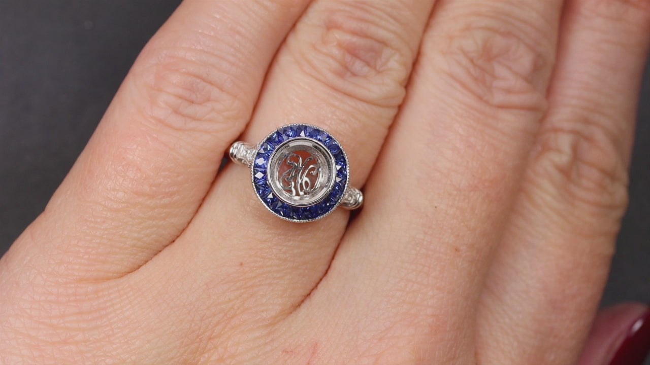 SAPPHIRE DIAMOND ENGAGEMENT RING SETTING FRENCH CUT 7.5mm MOUNT VINTAGE STYLE