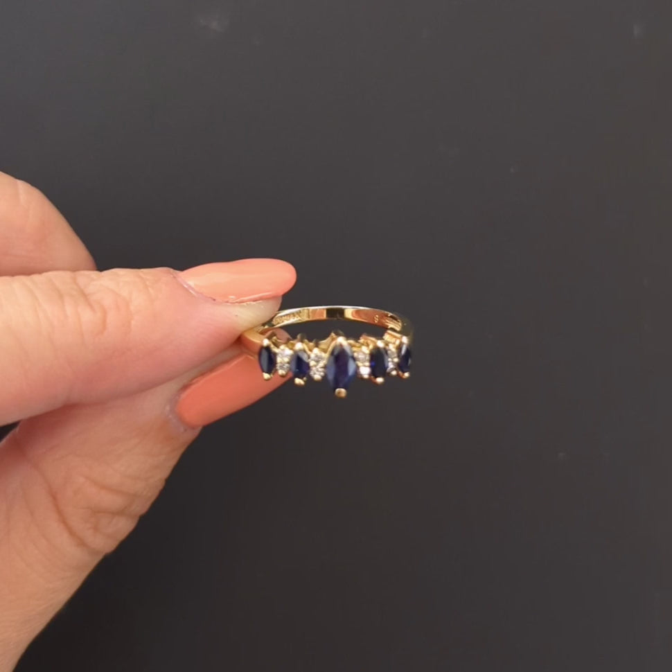 NATURAL SAPPHIRE DIAMOND COCKTAIL RING MARQUISE SHAPE BAND 14k YELLOW GOLD BLUE