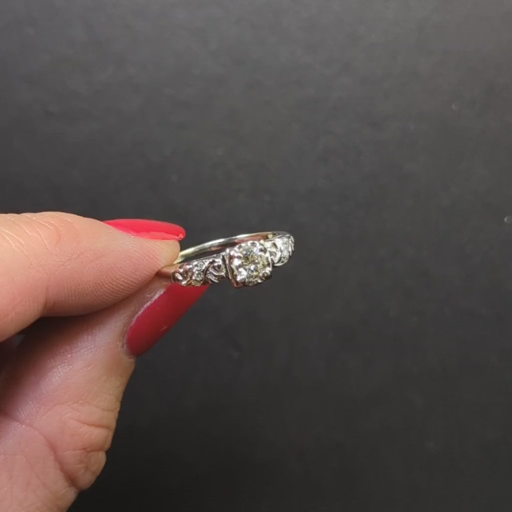 VINTAGE DIAMOND ENGAGEMENT RING 1/3ct ROUND NATURAL 14k WHITE GOLD MID CENTURY