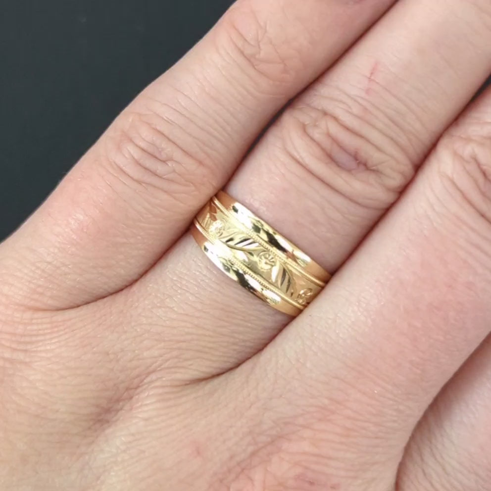 VINTAGE 14k YELLOW GOLD RING WIDE BAND FLORAL ENGRAVED BRUSH FINISH ESTATE