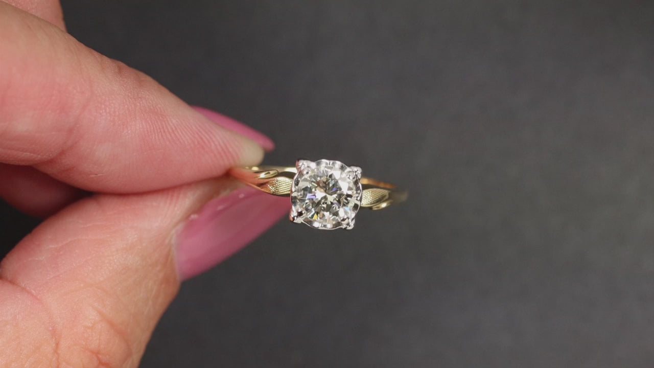 0.85c VINTAGE DIAMOND ENGAGEMENT RING 14K GOLD MID CENTURY ILLUSION ESTATE ROUND