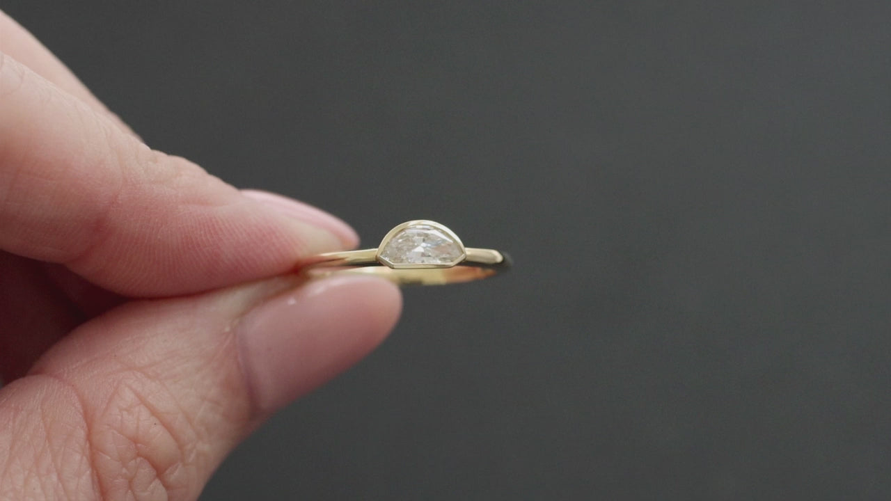 HALF MOON SHAPE DIAMOND SOLITAIRE RING 14K YELLOW GOLD BEZEL MINIMALIST DAINTY