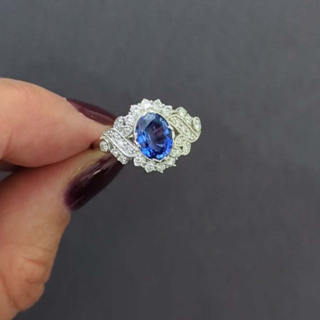 2.26ctw SAPPHIRE DIAMOND VINTAGE STYLE COCKTAIL RING OVAL CUT ENGAGEMENT NATURAL