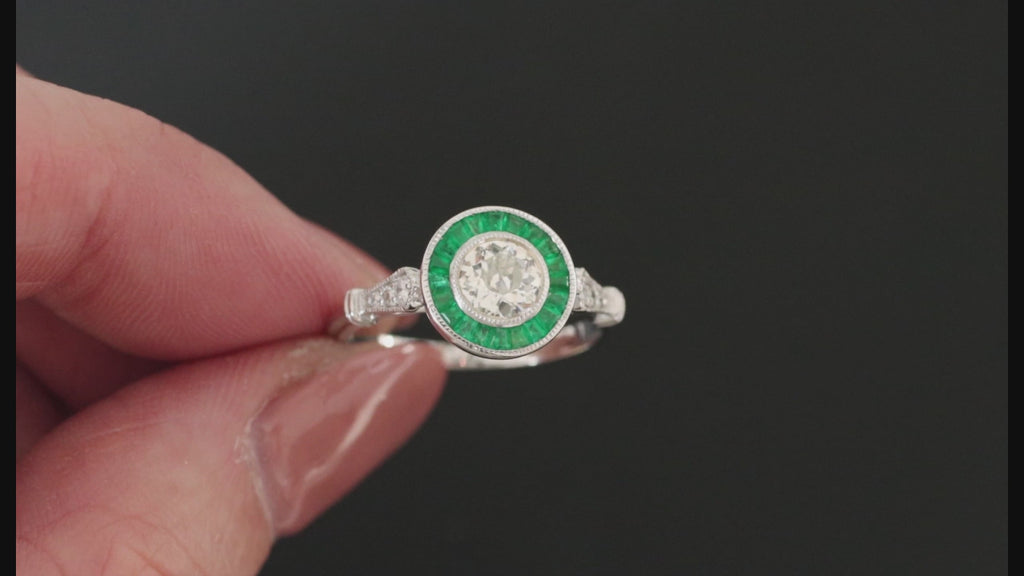 OLD EUROPEAN CUT DIAMOND ENGAGEMENT RING EMERALD TARGET VINTAGE STYLE ART DECO