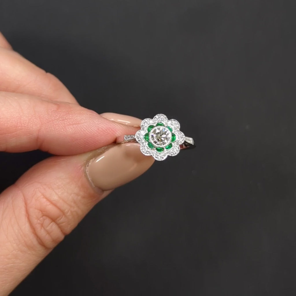 DIAMOND EMERALD ART DECO STYLE COCKTAIL RING FLOWER DOUBLE HALO 14k WHITE GOLD