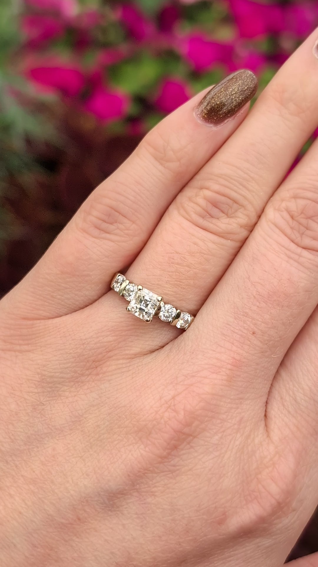 VINTAGE 1 CARAT ASSCHER CUT DIAMOND ENGAGEMENT RING NATURAL ROUND CHANNEL 14k