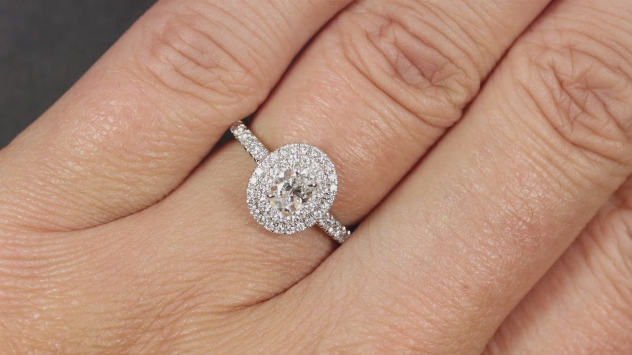 0.75ct OVAL SHAPE DIAMOND ENGAGEMENT RING DOUBLE HALO 14k WHITE GOLD NATURAL