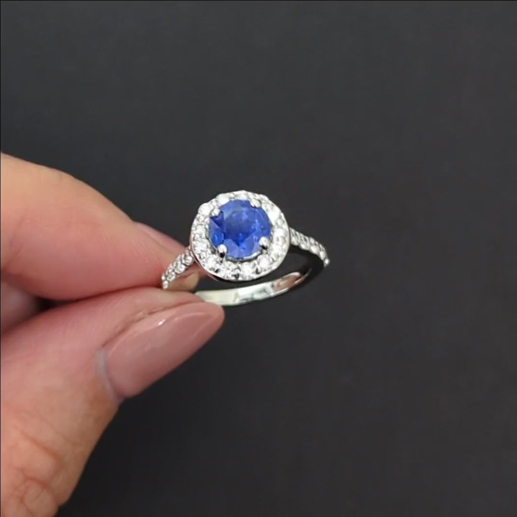 CEYLON SAPPHIRE DIAMOND HALO RING ENGAGEMENT NATURAL ROUND 14k WHITE GOLD BLUE