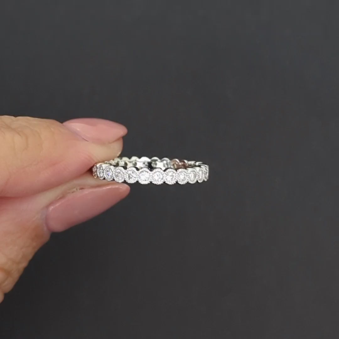 0.56ct NATURAL DIAMOND WEDDING RING 14k WHITE GOLD BAND MILGRAIN BEZEL ETERNITY